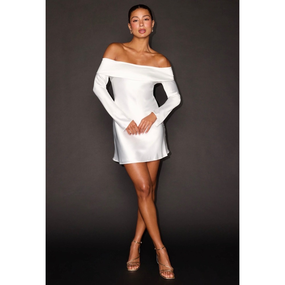 Lulu's Luxurious Vision White Satin Off-the-Shoulder Mini Dress